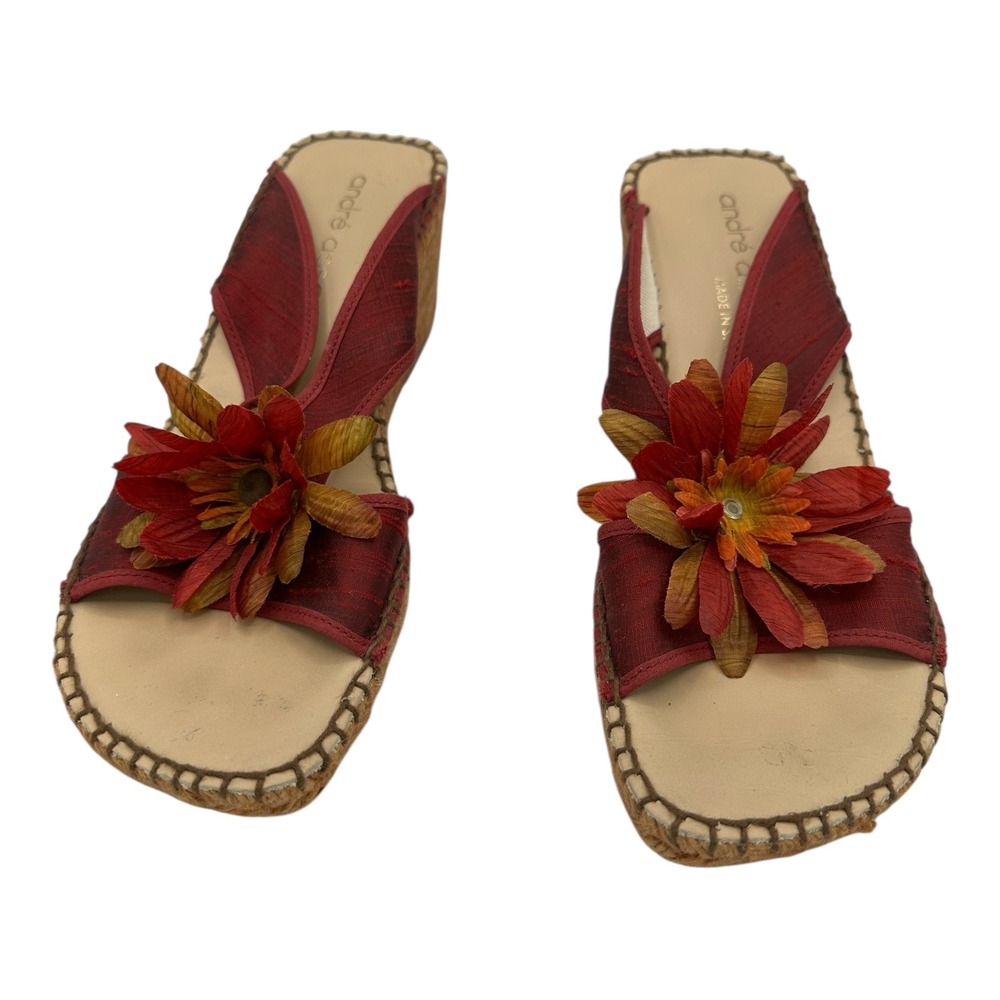 Andre Assous Red Floral Wedge Espadrille Sandals Womens Size 11 Made in Spain